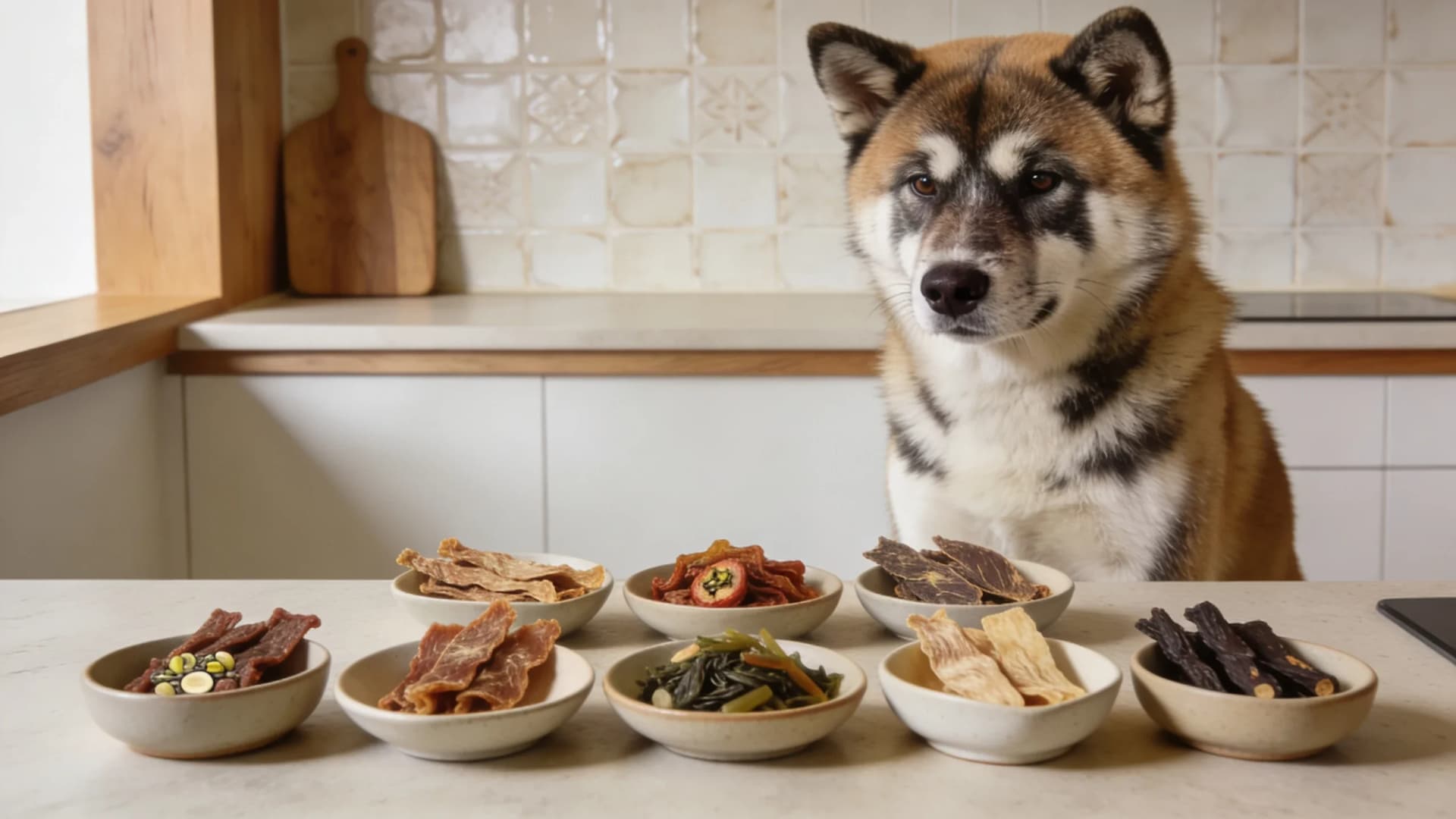 Akita dog inspects a variety of single-ingredient Korean dog treats served in small ceramic dishes on a kitchen counter.
