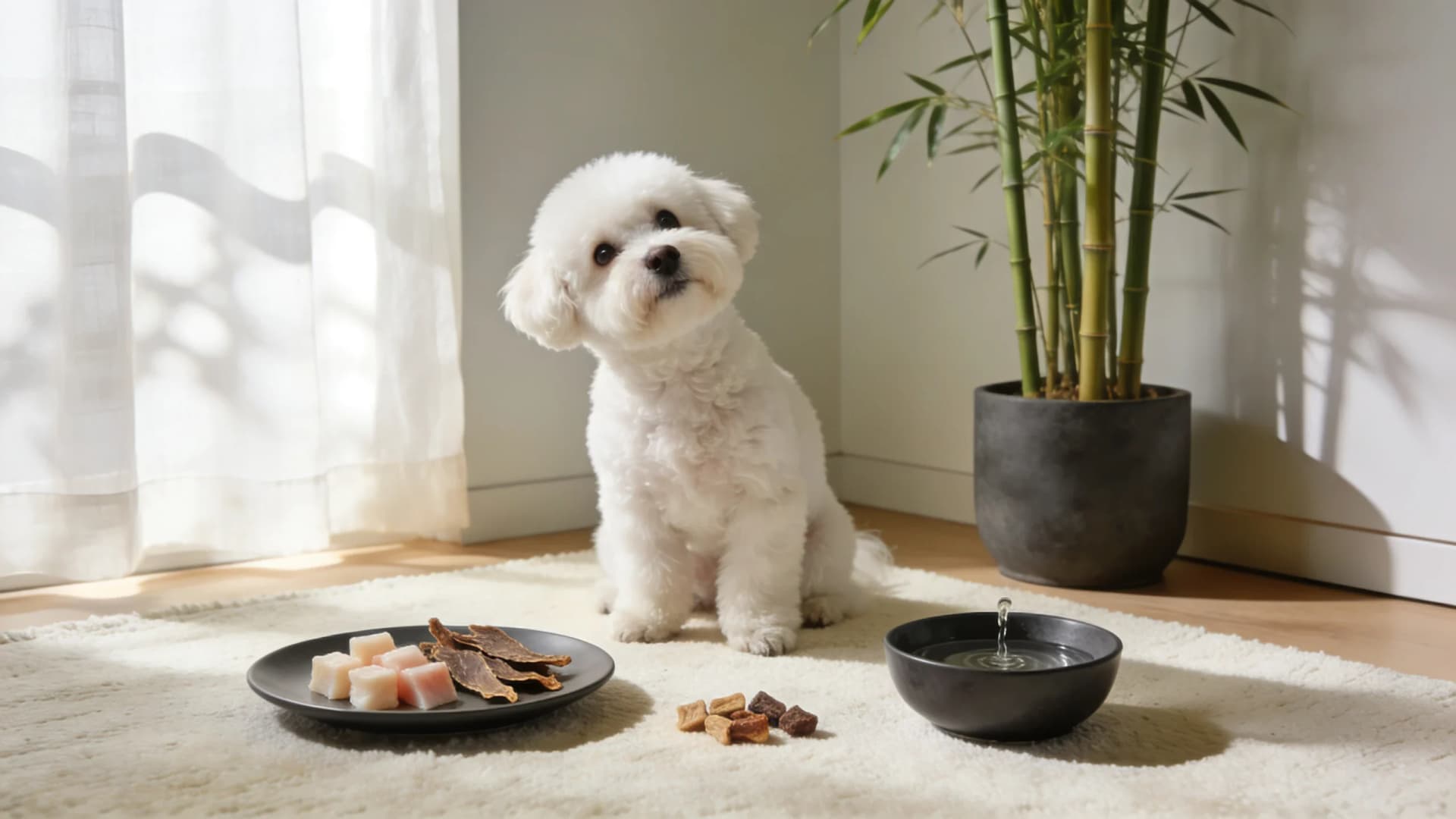 Bichon Frise tilting its head next to a modern plate of gourmet dehydrated fish and duck dog treats.