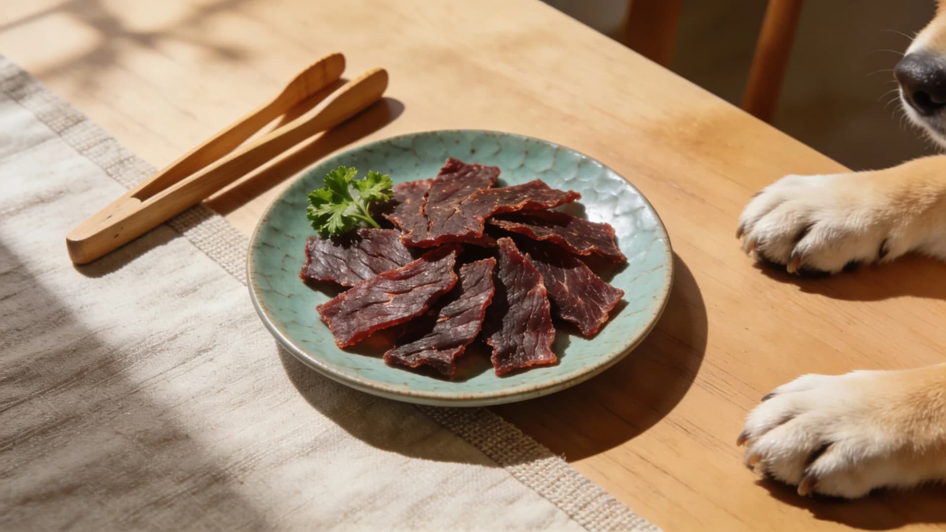 Artisanal dehydrated beef jerky treats on a green celadon plate with a Jindo dog's paws nearby.