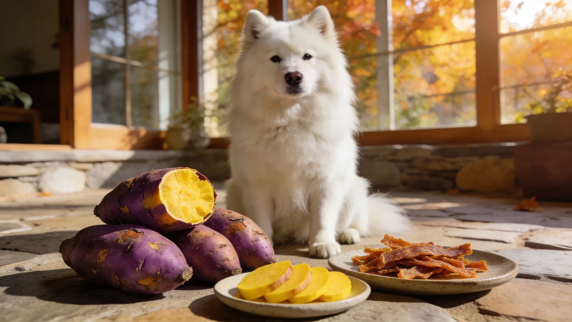 White Samoyed dog sitting next to sliced yellow Korean goguma sweet potatoes on a stone floor.