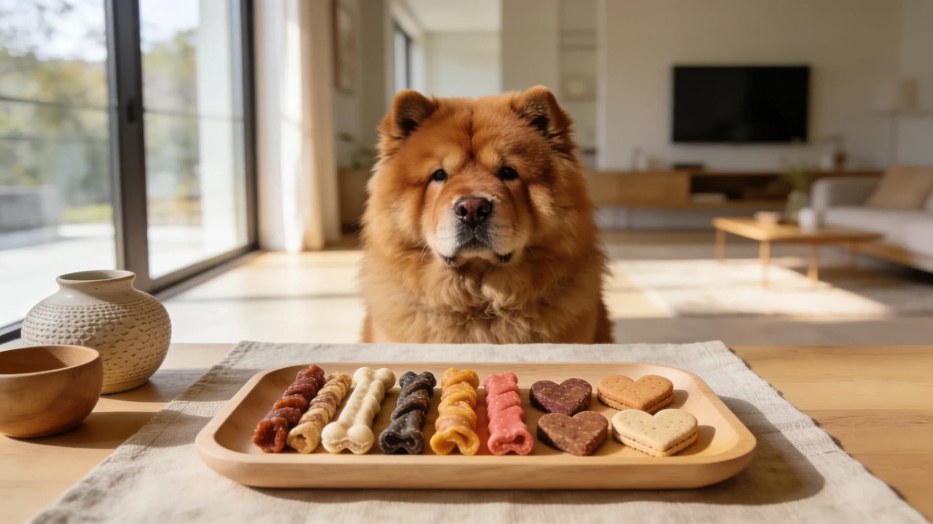 Cinnamon Chow Chow sitting behind a wooden tray of heart-shaped dog biscuits in a minimalist room.